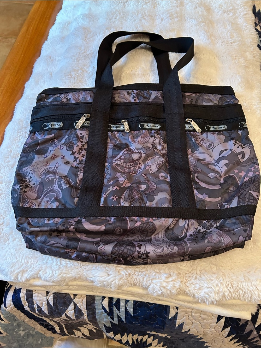 Lesportsac Purple Floral-Patterned Tote with Black Trim